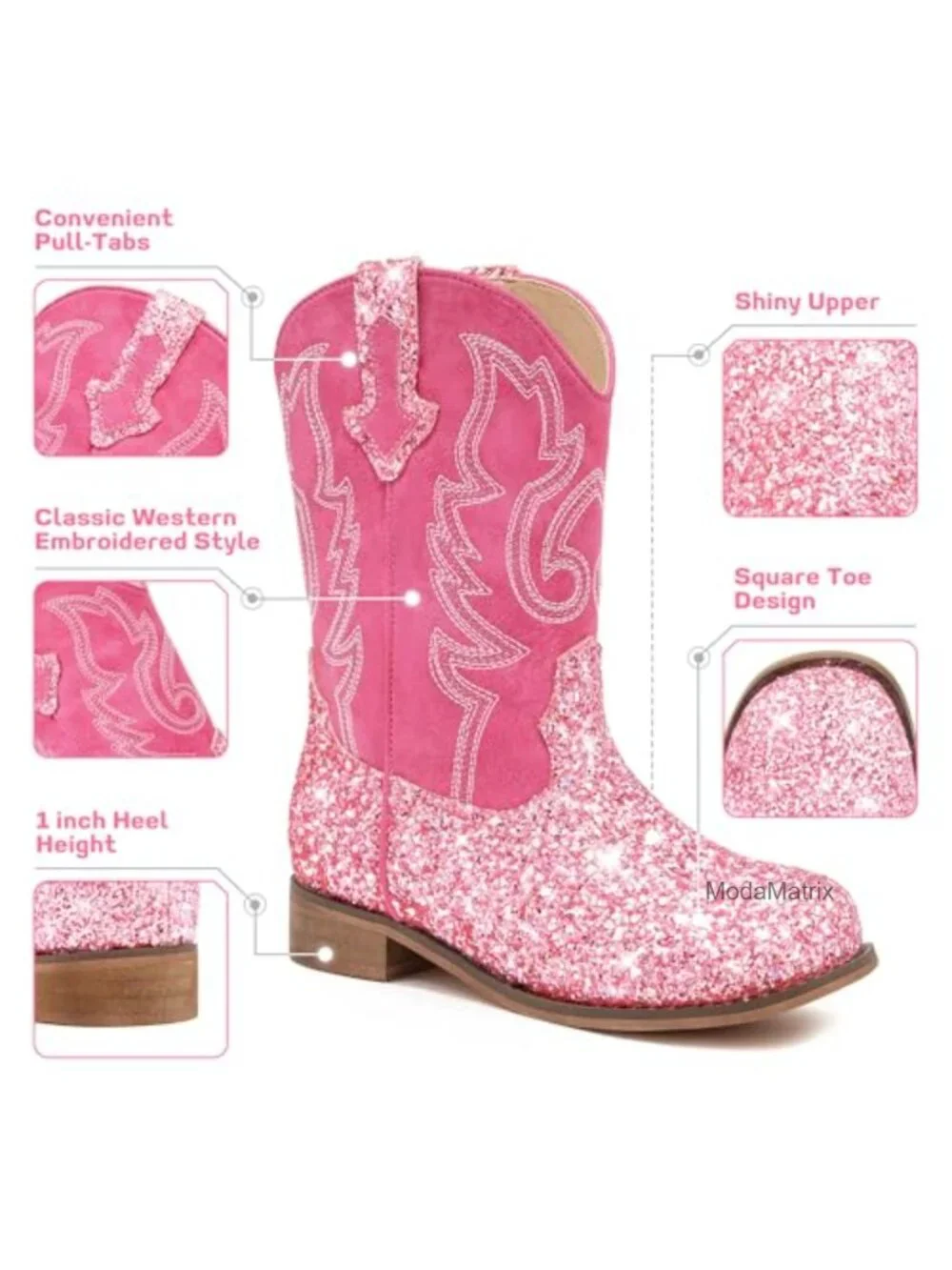 Glitter Cowgirl Boots for Girls Toddler Boys Cowboy Boots Square Toe Pull On